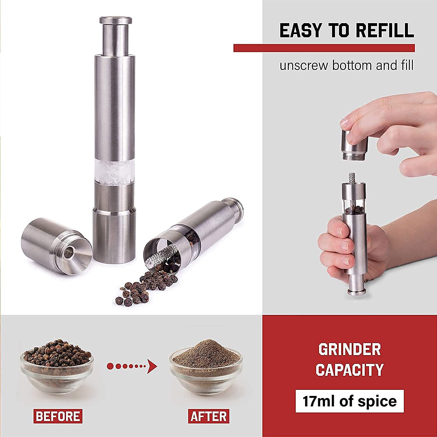 Stainless Steel Thumb Presser Salt and Pepper Grinder (1 Pc) - Image 8