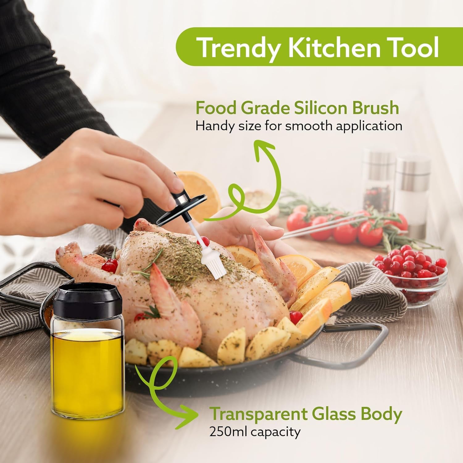 Clear Glass Oil Dispenser Bottle with Integrated Silicone Basting Brush (250ml Approx) - Image 4