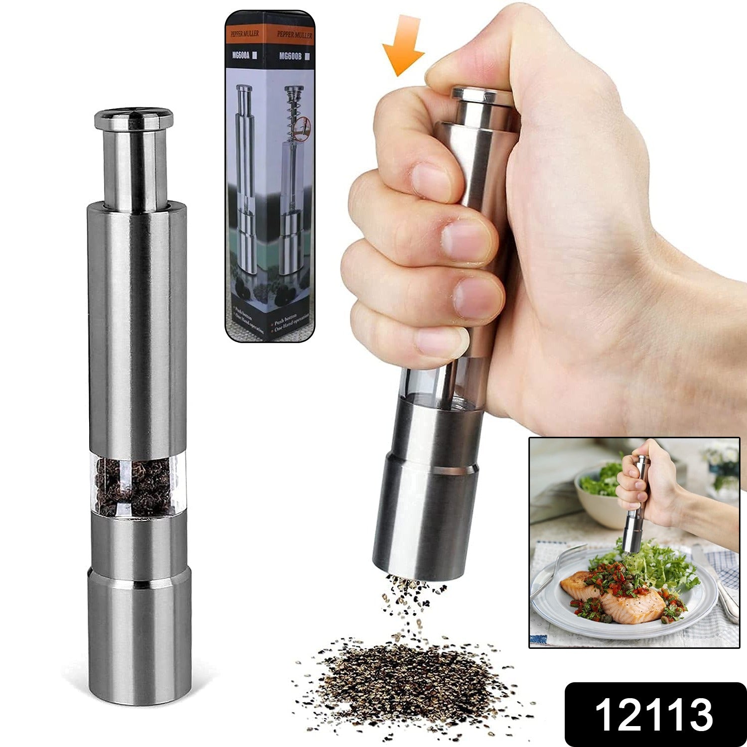 Stainless Steel Thumb Presser Salt and Pepper Grinder (1 Pc) - Image 2