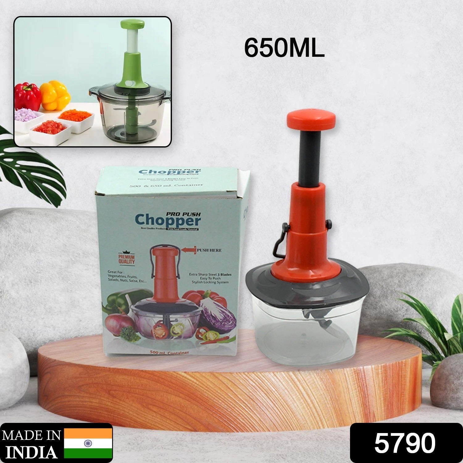 Manual Food Chopper (650ml): 3 Stainless Steel Blades, Locking System, Anti-Slip Base - Image 2