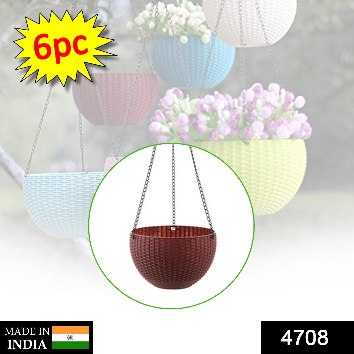 Plastic Hanging Flower Pot and Flower Pot with Chain (6 Pc) - Image 2