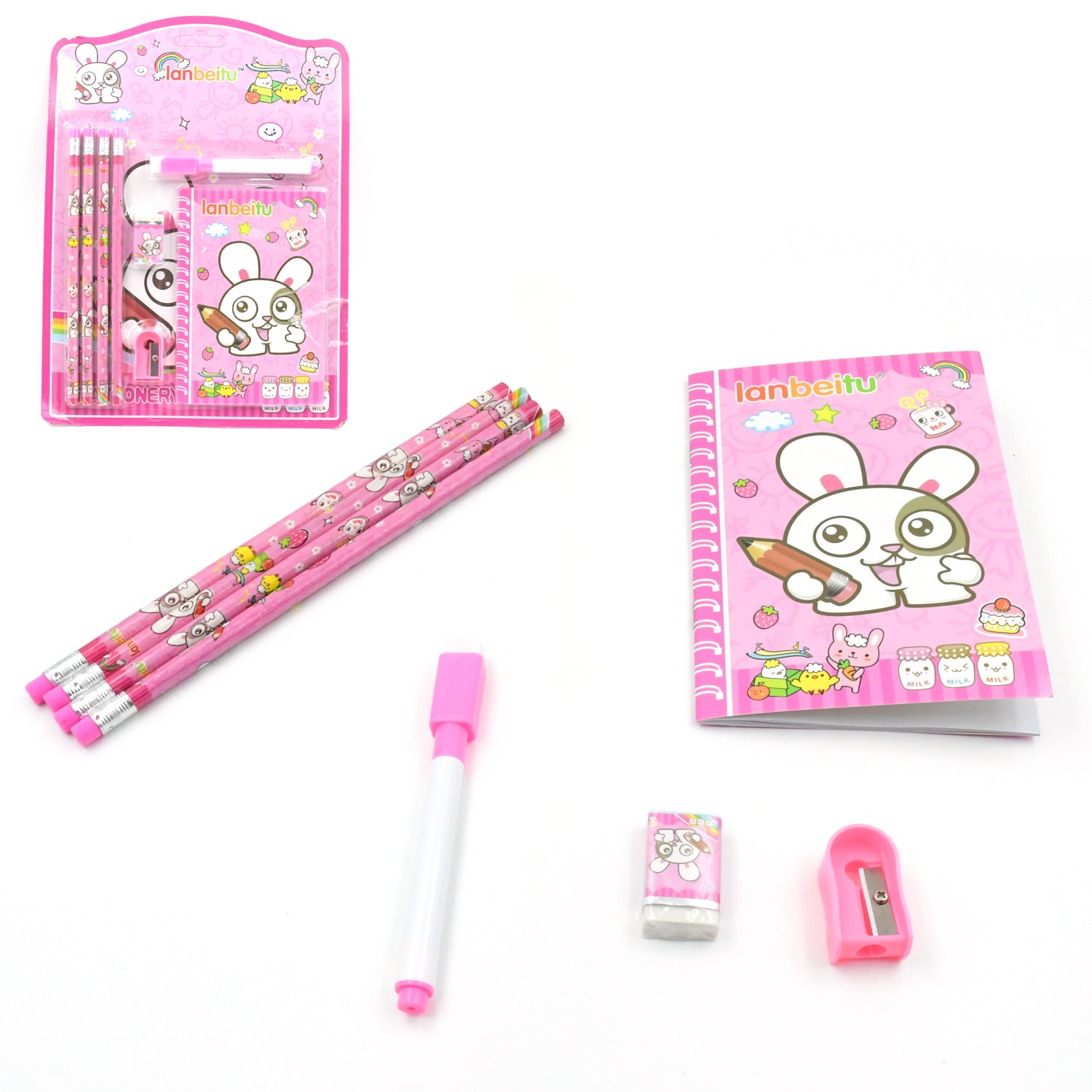 Kids' Stationery Kit: Wooden Pencils, Sharpener, Eraser, Diary (8 Pc Set) - Image 3