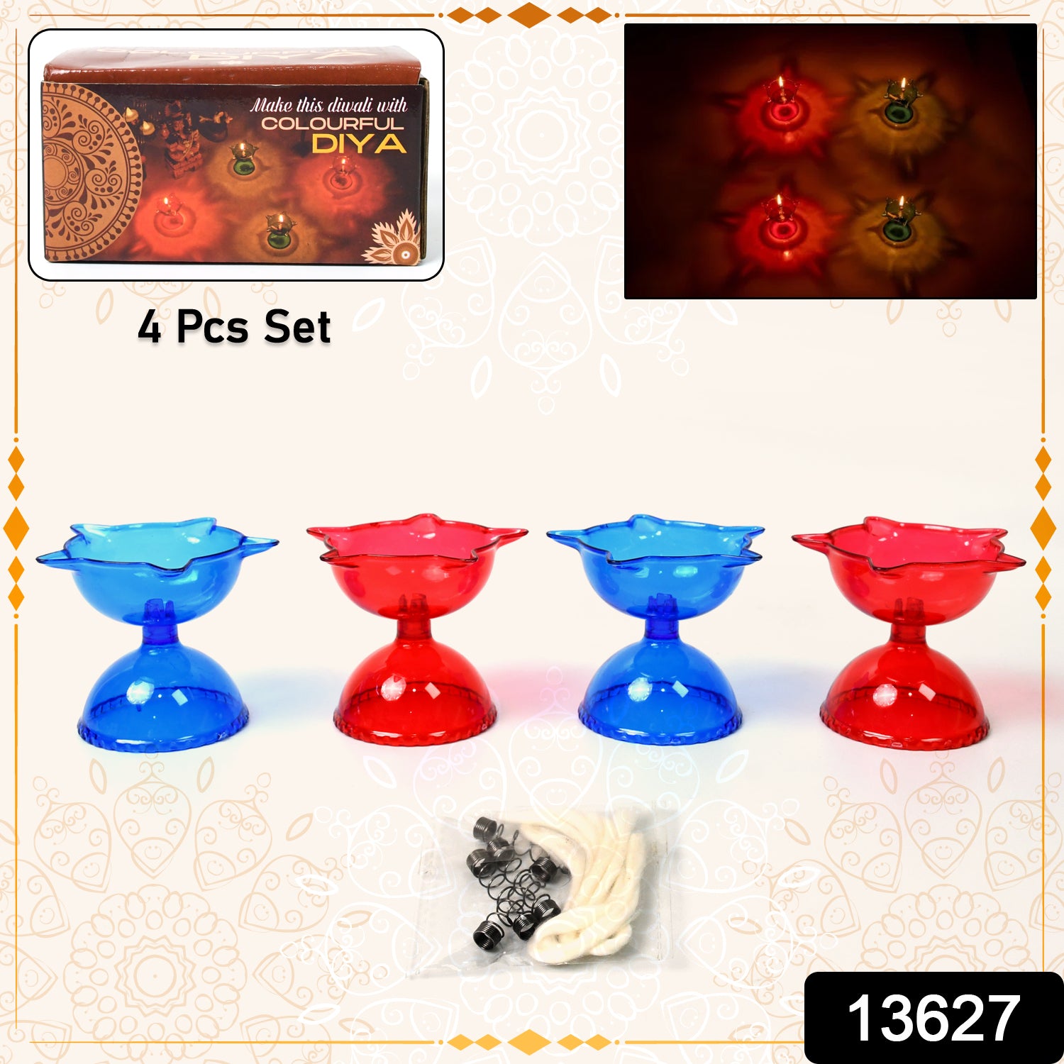 Colourful Reflection Diya Combo Plastic Candle Cup with Multi Shape, Diwali (4 Pcs Set) - Image 2