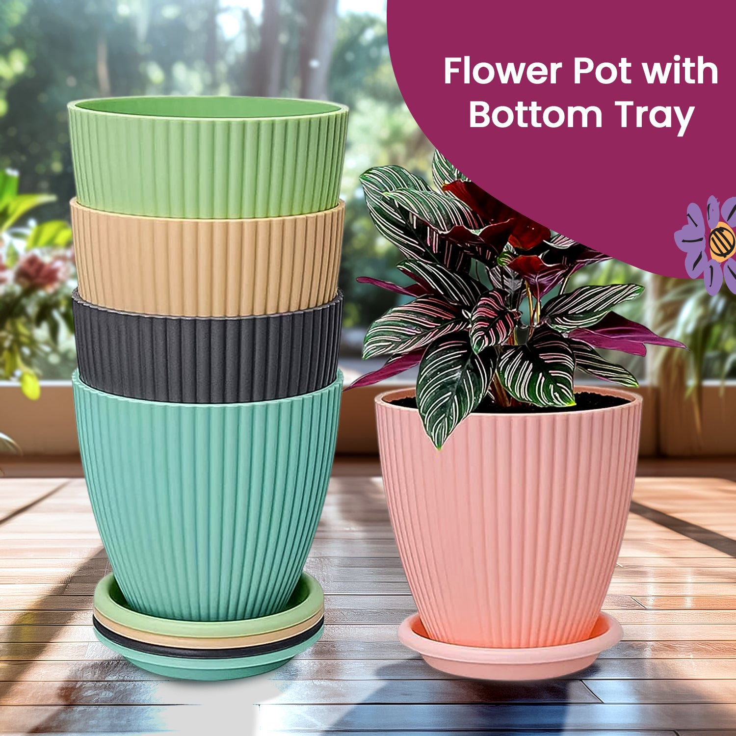 Plastic Flower Pot with Bottom Tray (5 Pcs Set) - Image 3