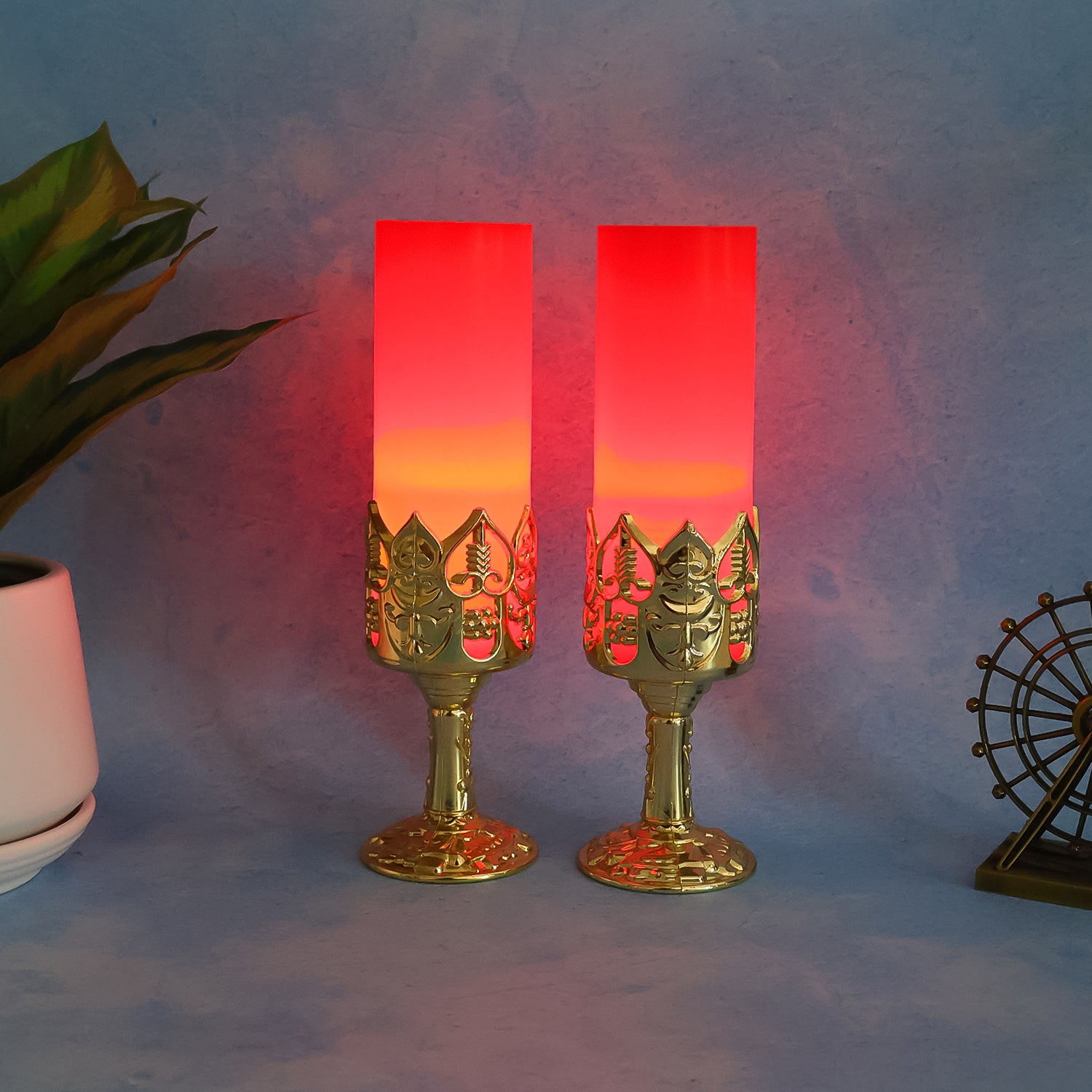 Decorative LED Candle Light Lamps with Golden Stand (2 Pc)