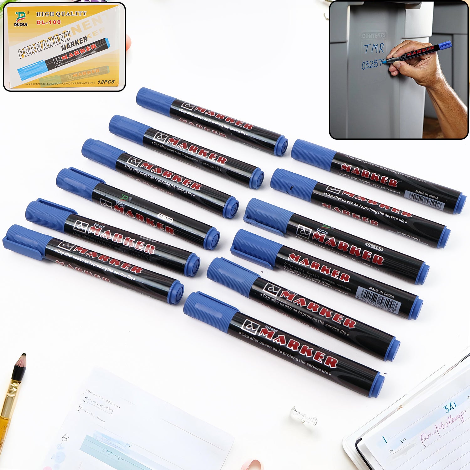 Premium Permanent Blue Marker Pen Set (12 Pc)