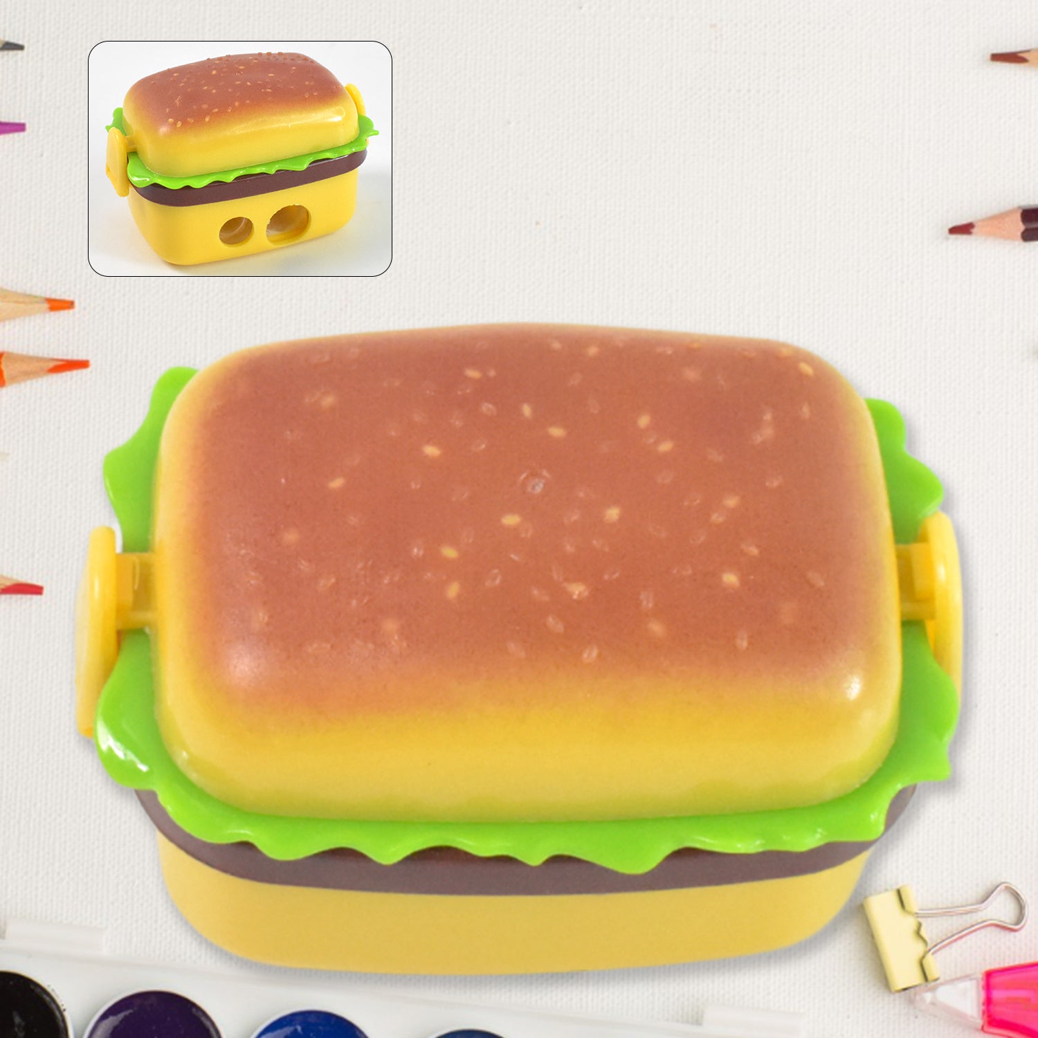 Plastic Burger Shape Small Size Double Hole Sharpener With Eraser (1 Set) - Image 7