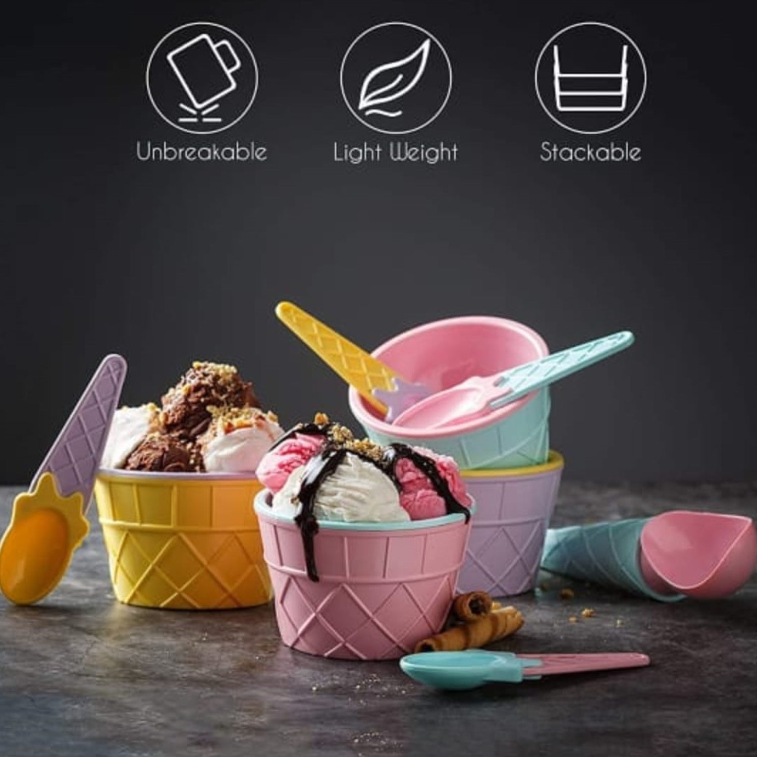 Premium Ice Cream Waffle Spoon Bowl Set (6-Piece , Color Box) - Image 8
