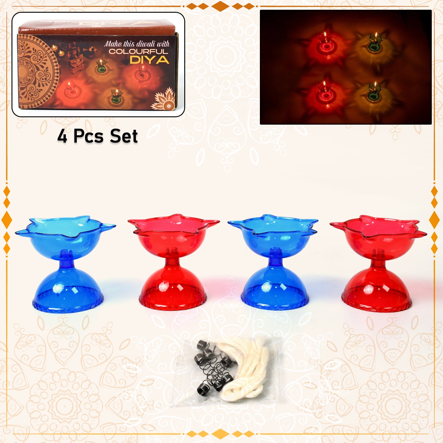 Colourful Reflection Diya Combo Plastic Candle Cup with Multi Shape, Diwali (4 Pcs Set) - Image 3