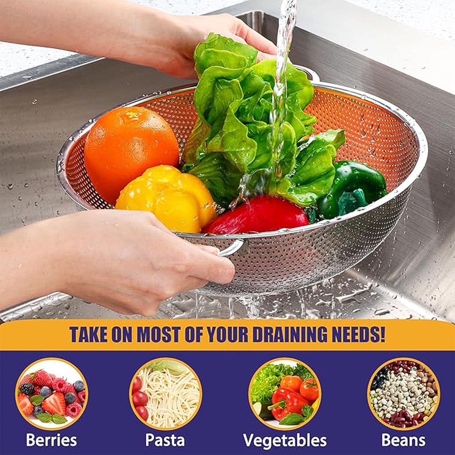Stainless Steel Rice Vegetables Washing Bowl Strainer Collapsible Strainer. - Image 3
