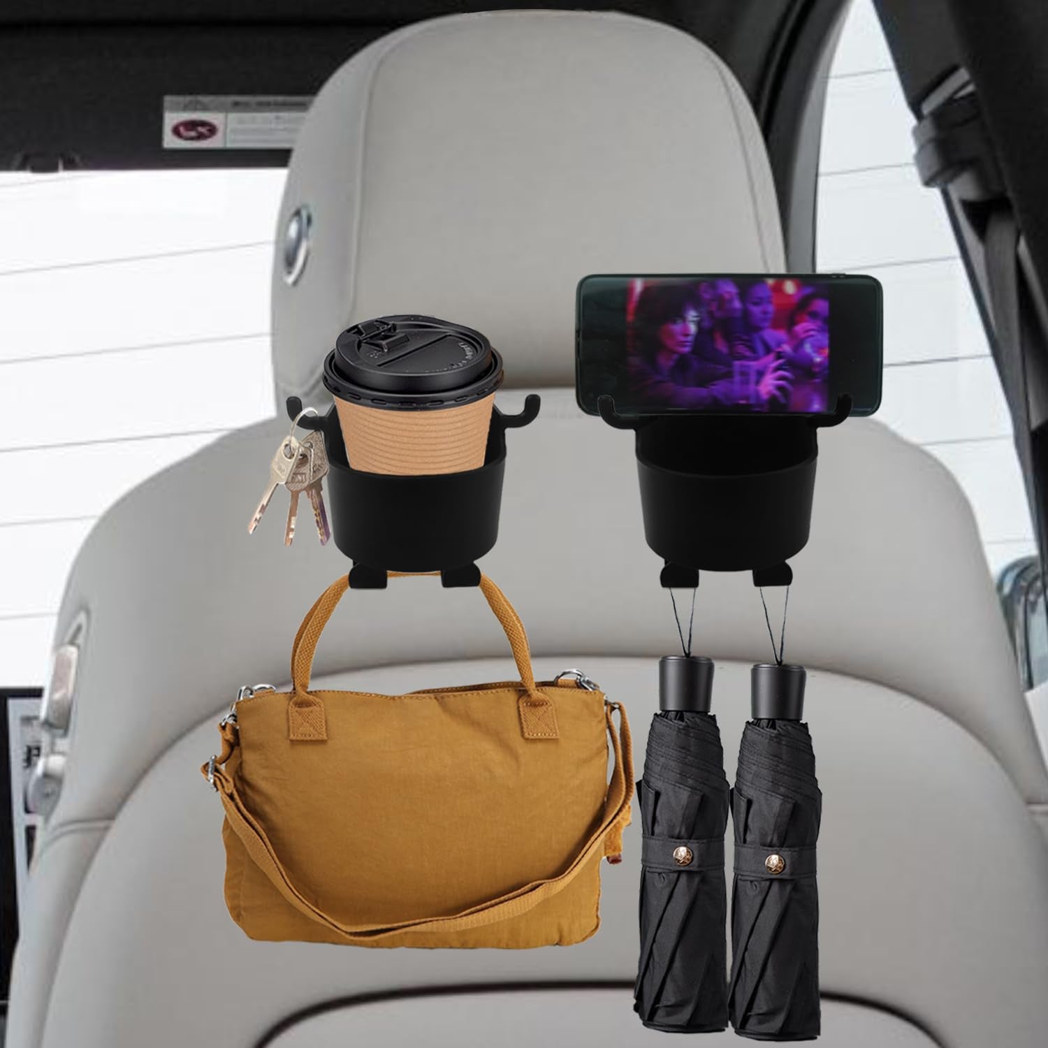 Car Headrest Backseat Organizer, 3 in 1 Automotive Cell Phone Drink cupholder Adapter with Headrest Hooks for Kids and Adults, Multifunctional Storage for Car Travel Accessories - Image 5
