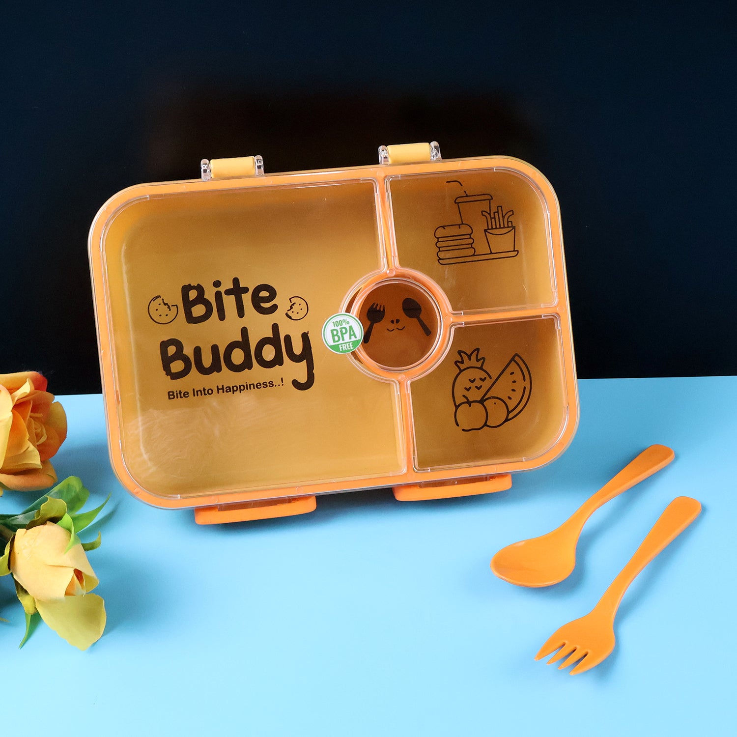 Bite Buddy 4-Compartment Leak-Resistant Plastic Lunch Box with Spoon & Fork - Image 4