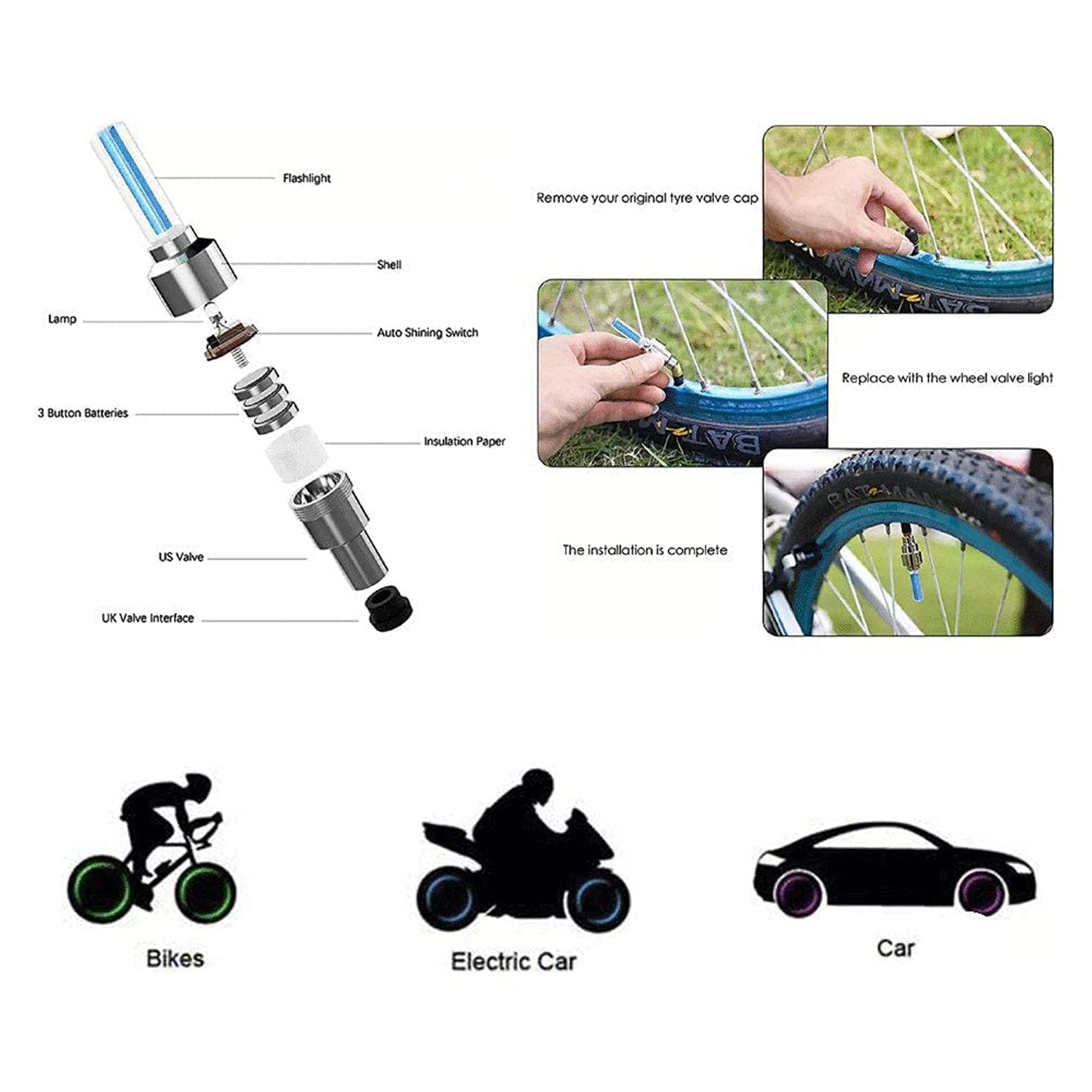 LED Flash Light lamp tyre Wheel Valve Sealing caps (2 Pc / Mix Color) - Image 11