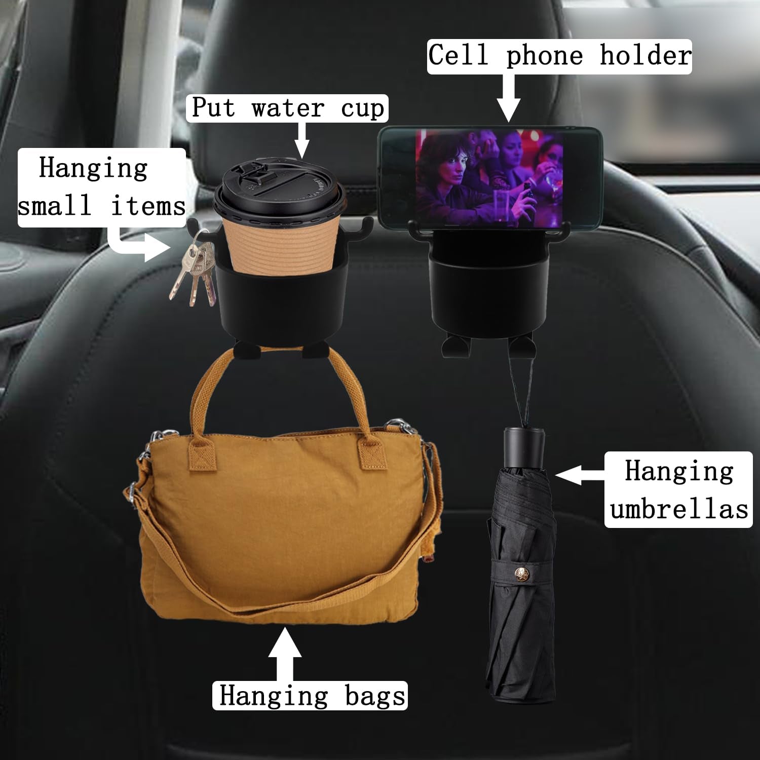 Car Headrest Backseat Organizer, 3 in 1 Automotive Cell Phone Drink cupholder Adapter with Headrest Hooks for Kids and Adults, Multifunctional Storage for Car Travel Accessories - Image 6