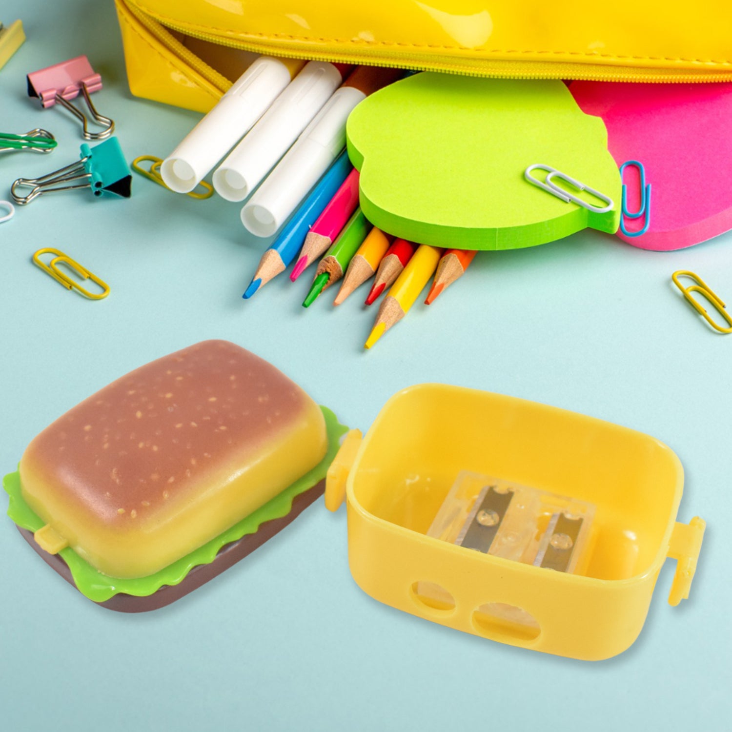 Plastic Burger Shape Small Size Double Hole Sharpener With Eraser (1 Set) - Image 5