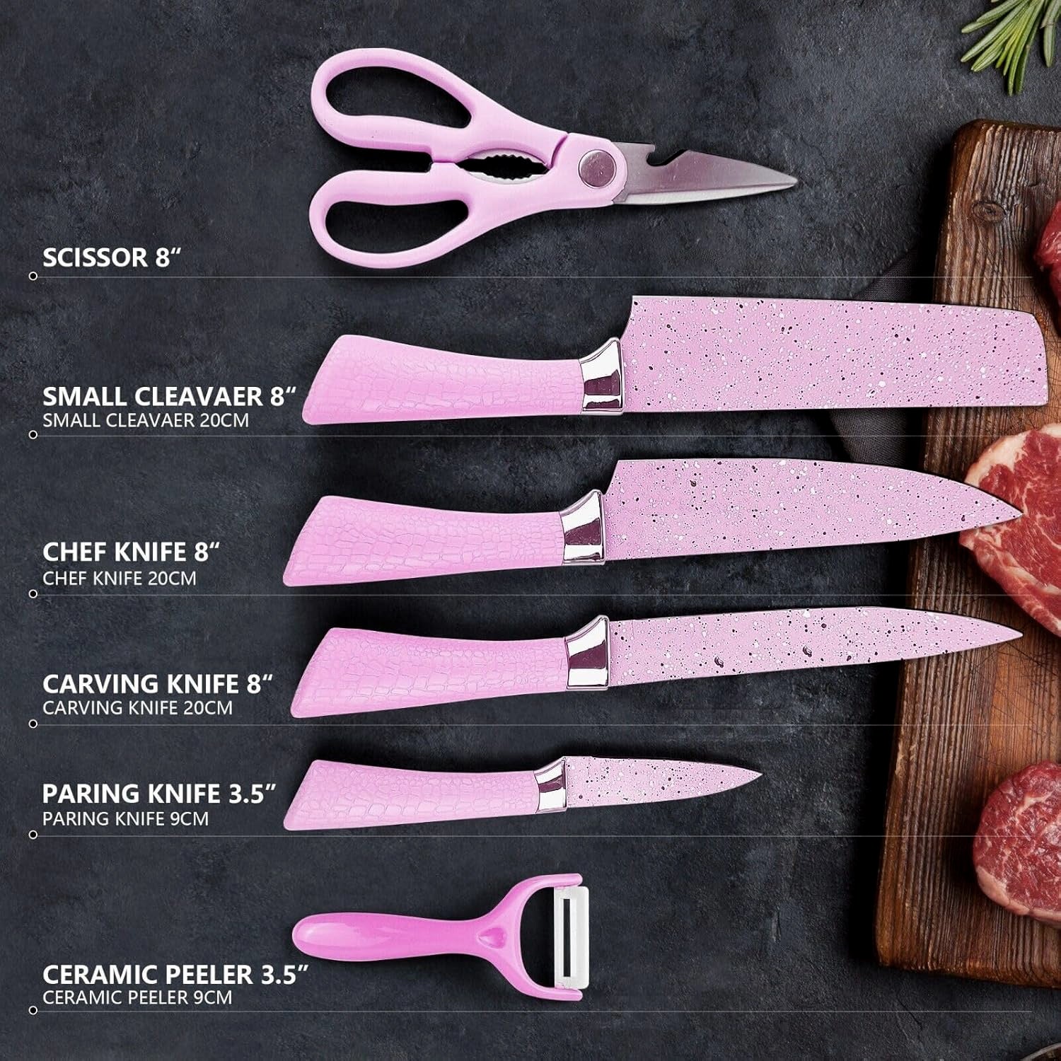 Stainless Steel Non Stick Ceramic Coating 6 Pcs Chef Kitchen Knife Set with Scissor & Peeler - Image 6