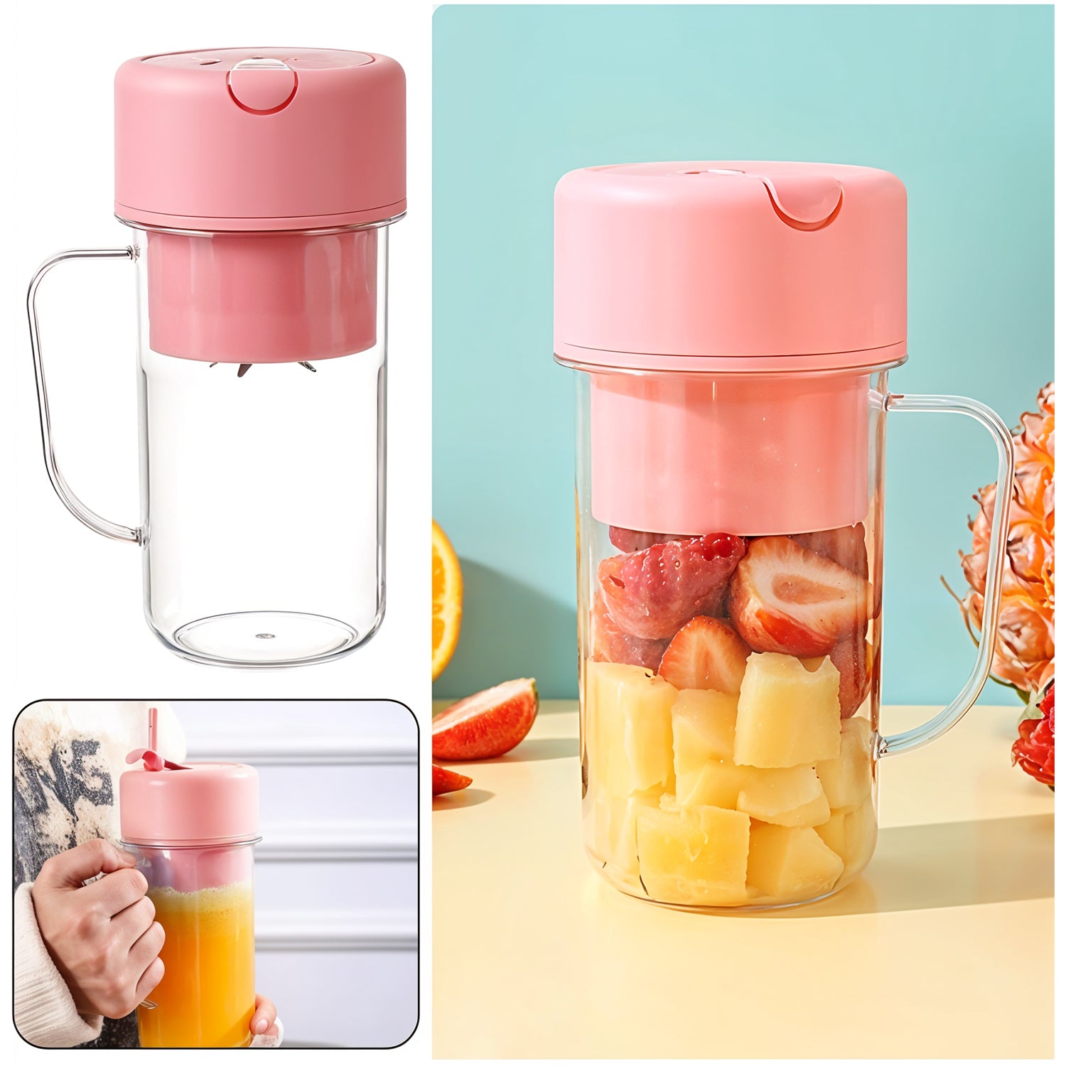 Portable Crusher Juicer With Handle & Straw, USB Rechargeable Multi Blades (420 ML) - Image 7