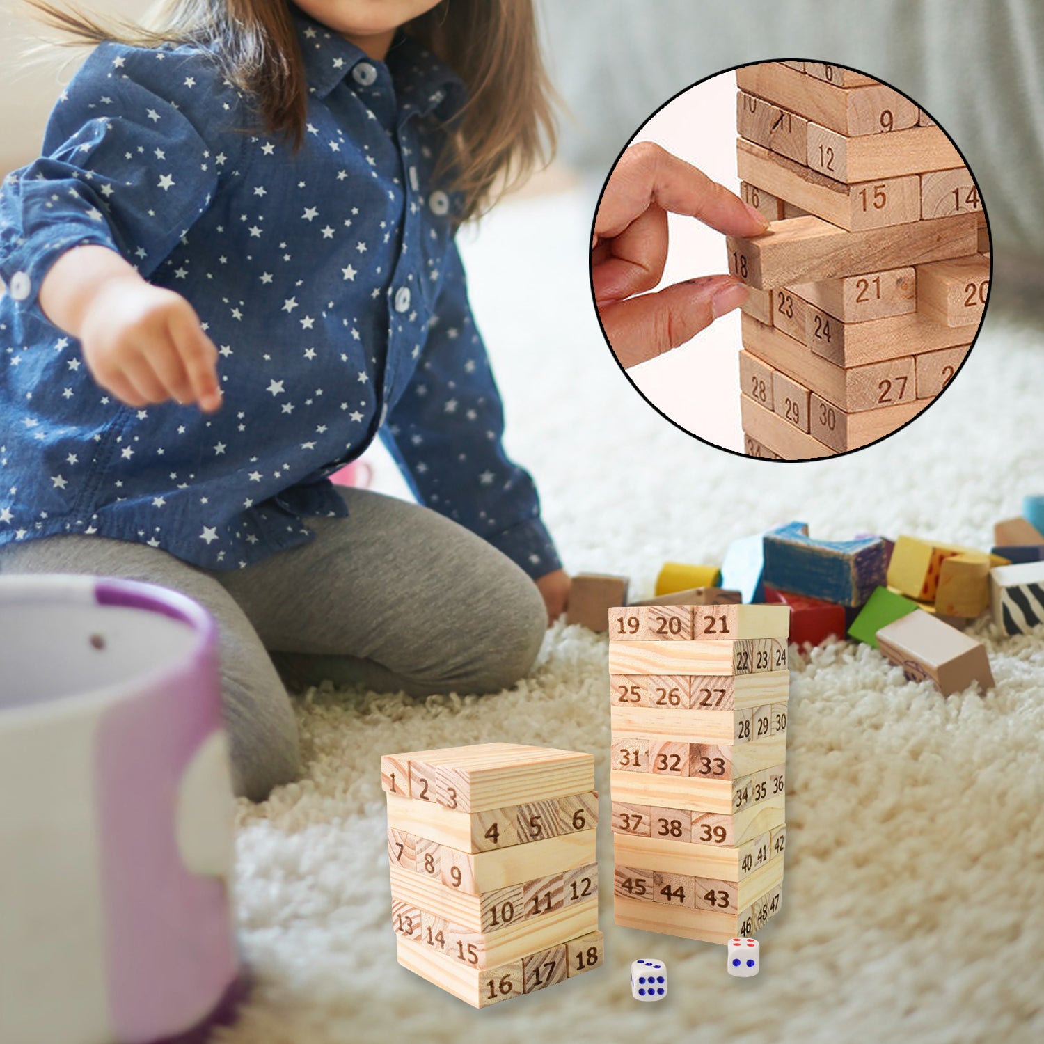 Wooden Tumbling Stacking Tower Game, Zenga tower (48 Pcs Blocks 2 Dices) - Image 6