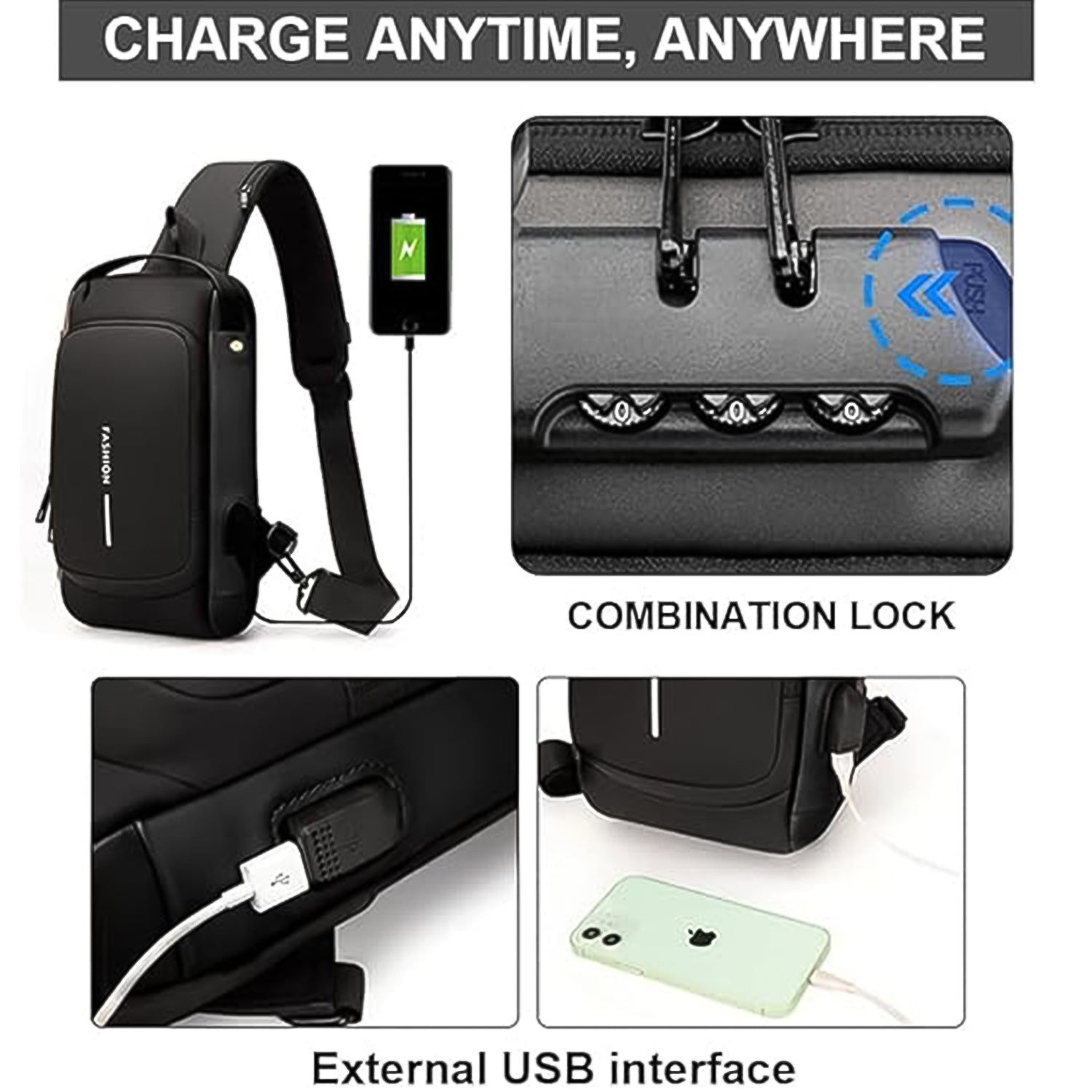 Trendy Anti-Theft Crossbody Sling Bag with USB Charging Port (1 Pc) - Image 4