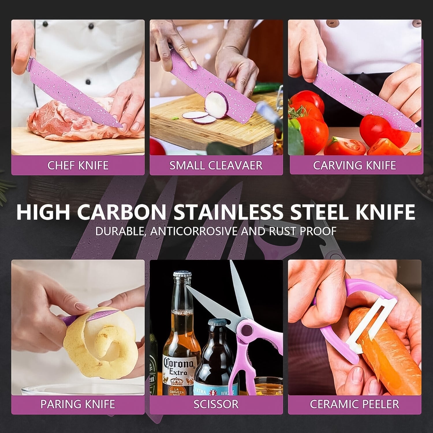 Stainless Steel Non Stick Ceramic Coating 6 Pcs Chef Kitchen Knife Set with Scissor & Peeler - Image 3