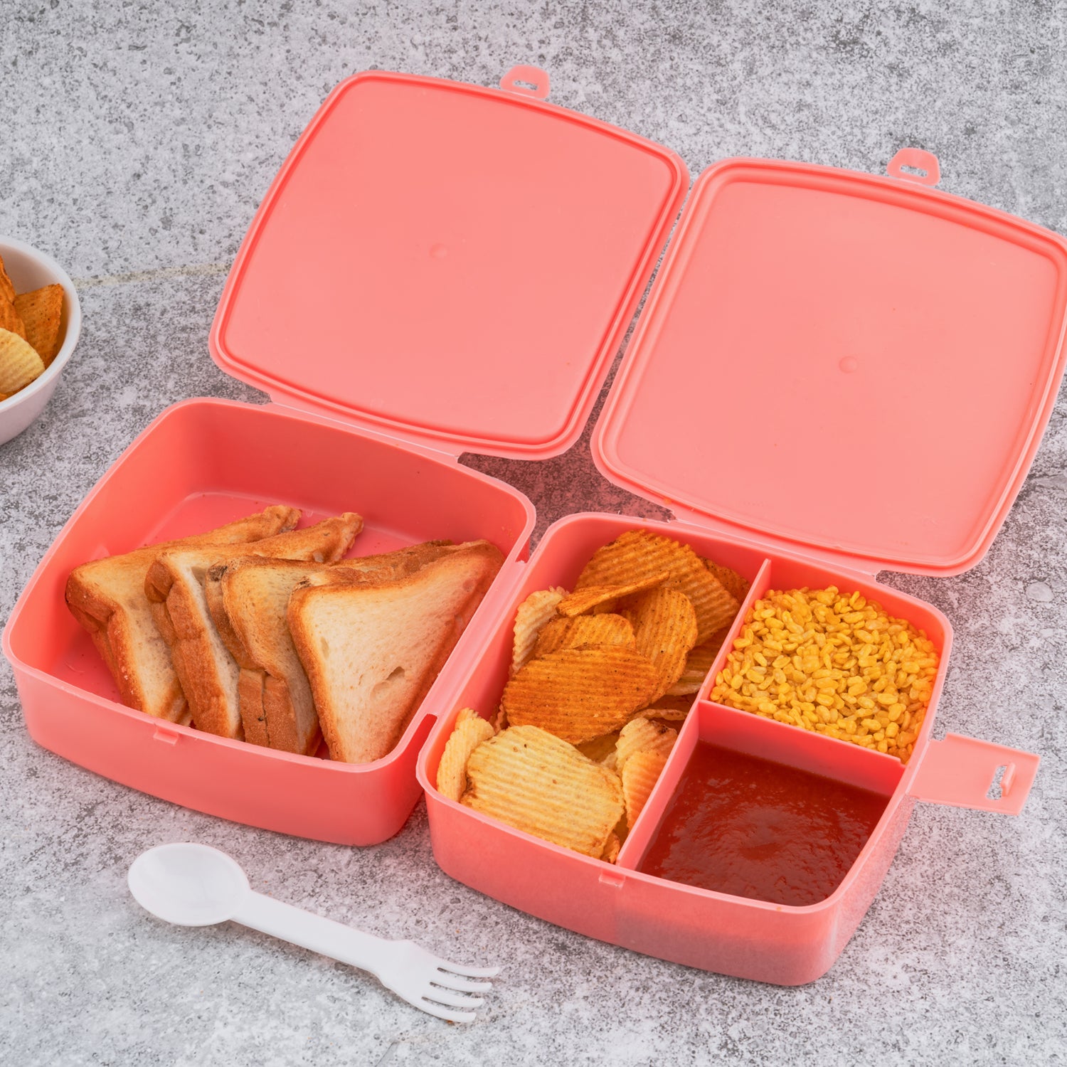Double-Layer Square Lunch Box with Spoon , 4 Compartment Tiffin & Push Lock , Plastic Tiffin Box for Travelling, School Kids & Office Exclusive, Home - Image 5