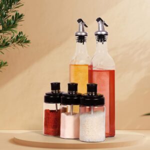 Transparent Glass Oil Dispenser 500 ML Bottle Set of 2, Spice Jar 250 ML Set of 3, Oil Bottle for Kitchen, Oil & Vinegar Storage Glass Bottle, Glass Container for Spice, Masala (5 Pcs Set)