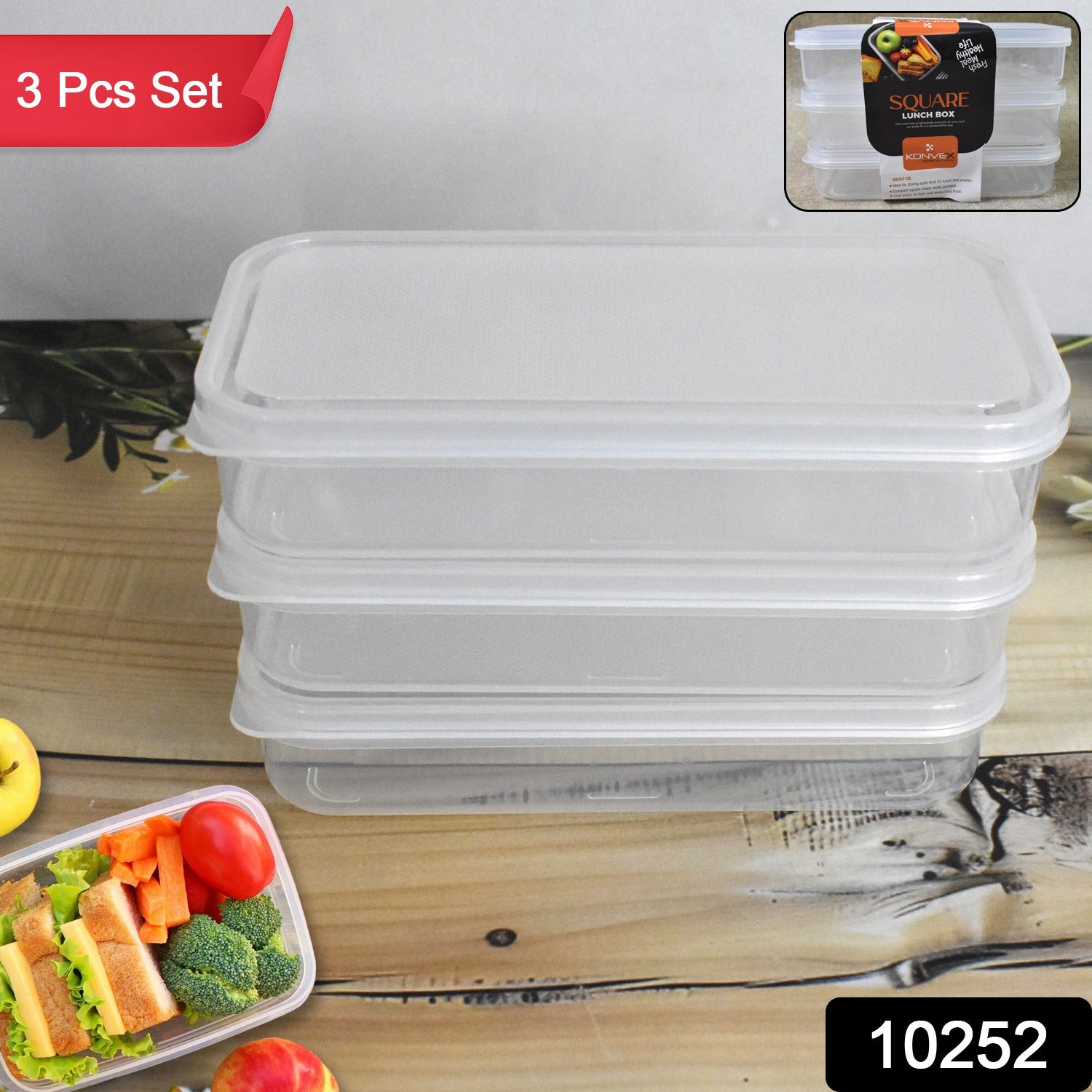 Plastic Square Lunch Box, Kitchen Containers Set (3 Pcs Set) - Image 2