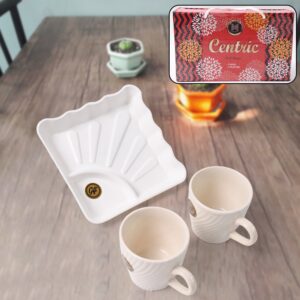Cerntric Ceramic Tea Cup With Plastic Square Shape Serving Platter Milk Cup 3pc Set