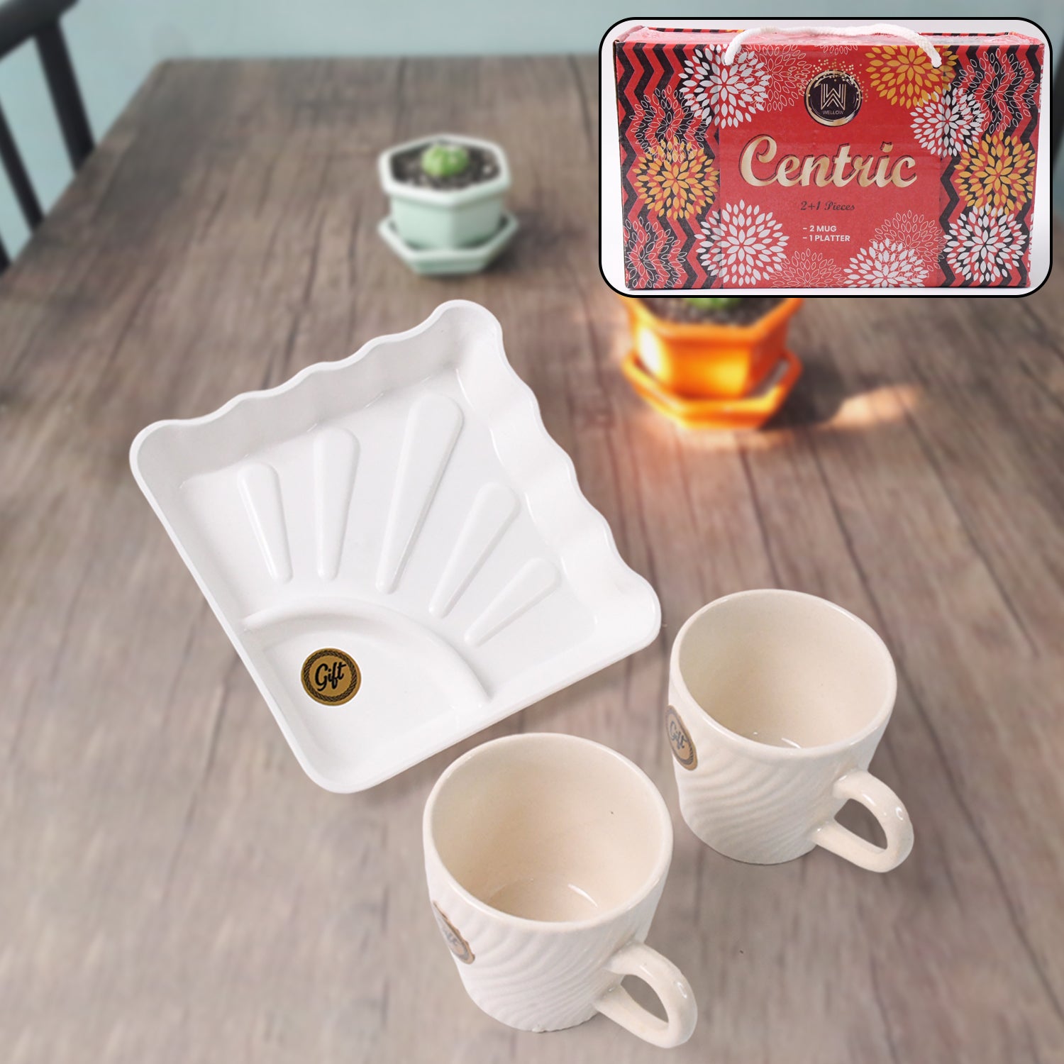 Cerntric Ceramic Tea Cup With Plastic Square Shape Serving Platter Milk Cup 3pc Set