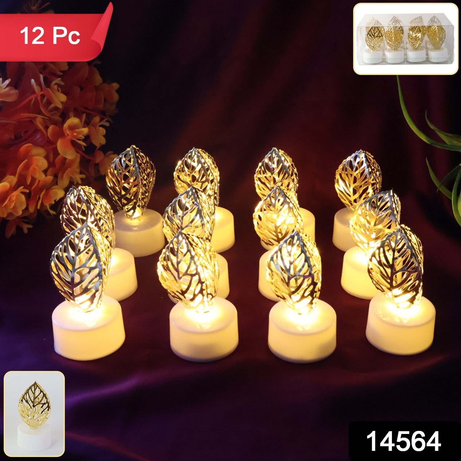 Decorative Golden Leaf Shaped Flameless LED Candles (12 Pc) - Image 2