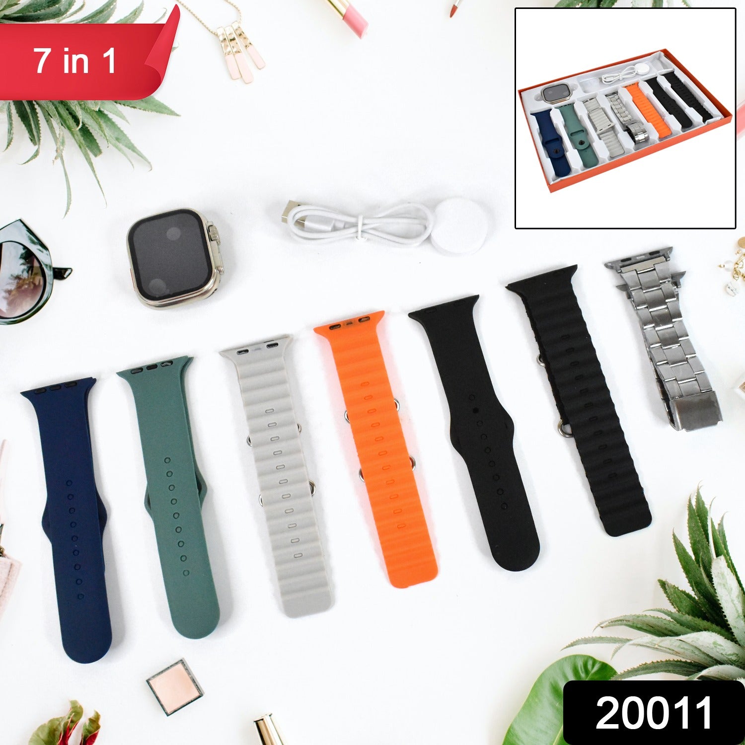 7 in 1 Ultra Smart watch Combo with Seven Classic Straps & Transparent Screen Guard (1 Set / Mix Color) - Image 2