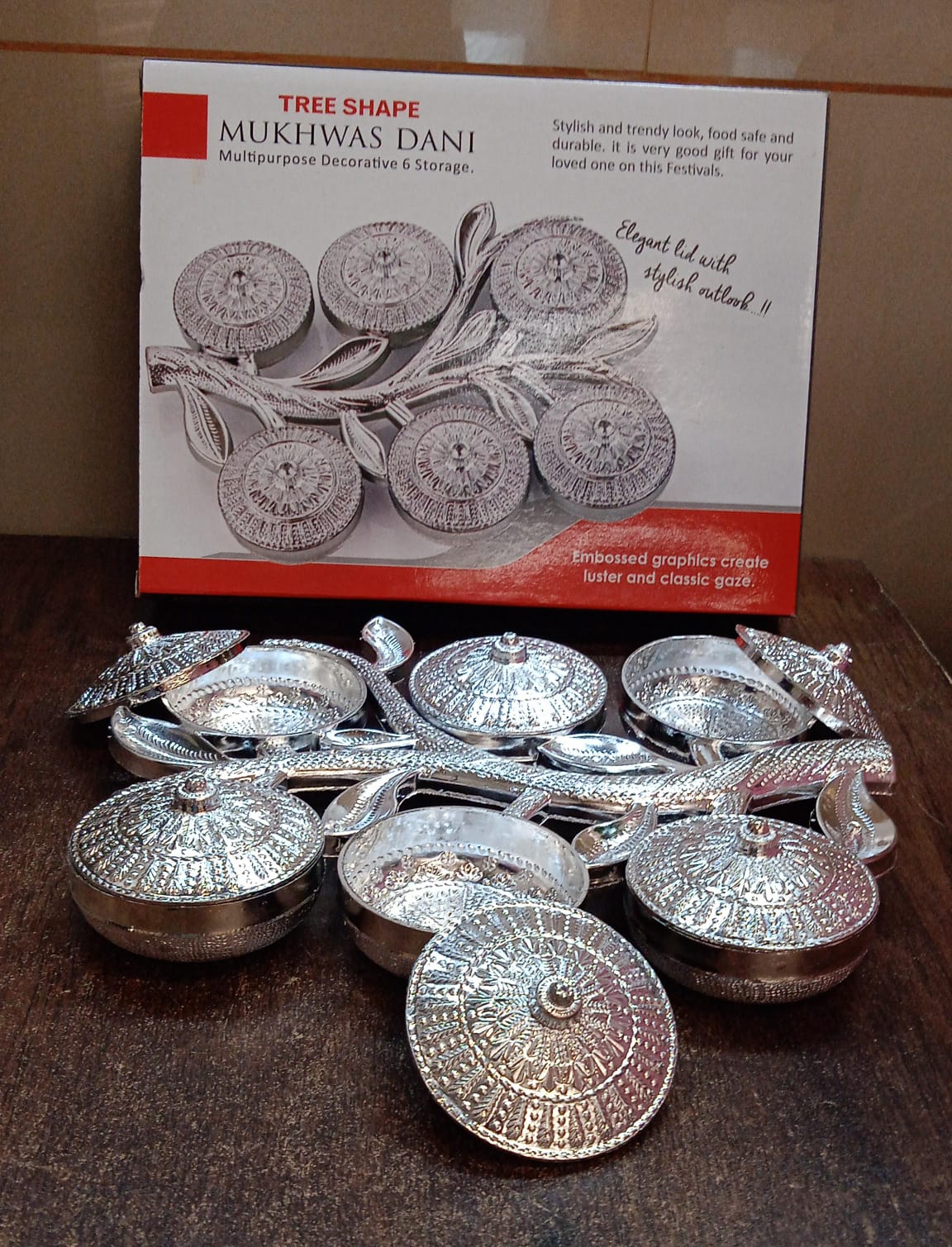 Tree Shape 6 Compartment Mukhwas Dani Serving Tray For Home & Kitchen Use - Image 7