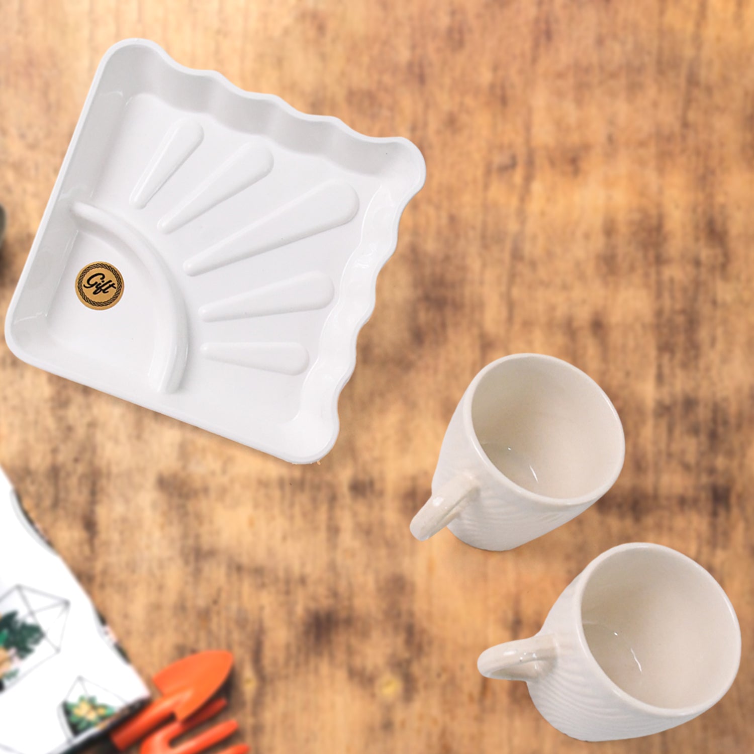 Cerntric Ceramic Tea Cup With Plastic Square Shape Serving Platter Milk Cup 3pc Set - Image 3