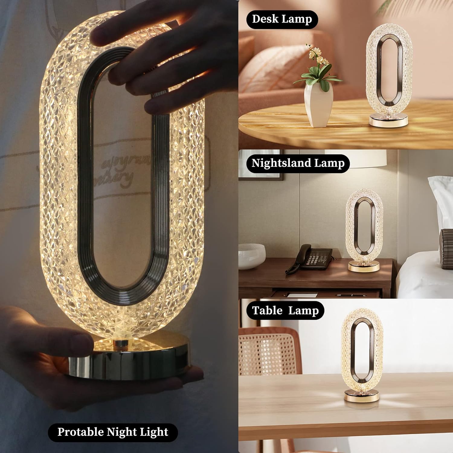 Touch Control Crystal Table Desk Lamp, 3-Way Dimmable Light, USB Rechargeable Crystal Diamond Table Lamp, Exquisite Night Stand Light Lamp Beside Lamp for Bedroom Living Room, Decorative Desk Lamp, Diwali - Image 7