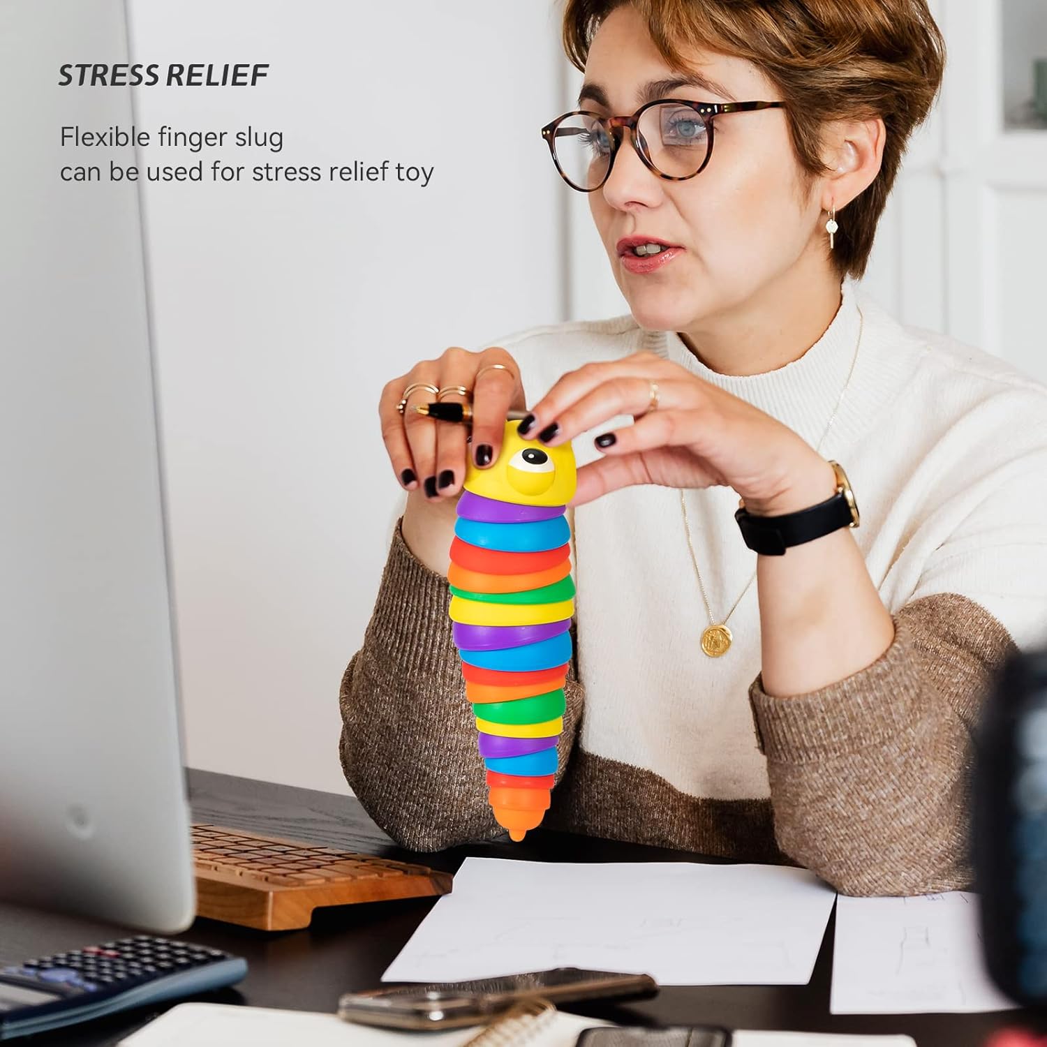 3D Rainbow Color Plastic Slug Fidget Toys, Stress Relieving Toy, Sensory Slug Toy for Boys and Girls, Finger slug Toy, for Autistic, Caterpillar Fidget Toys Stress Relief Gifts for Toddlers Kids Adults (1 Pc) - Image 8