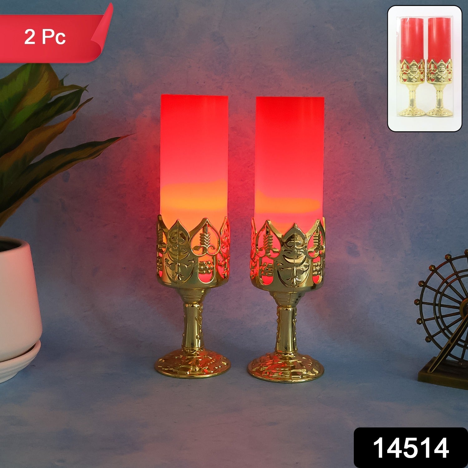 Decorative LED Candle Light Lamps with Golden Stand (2 Pc) - Image 2