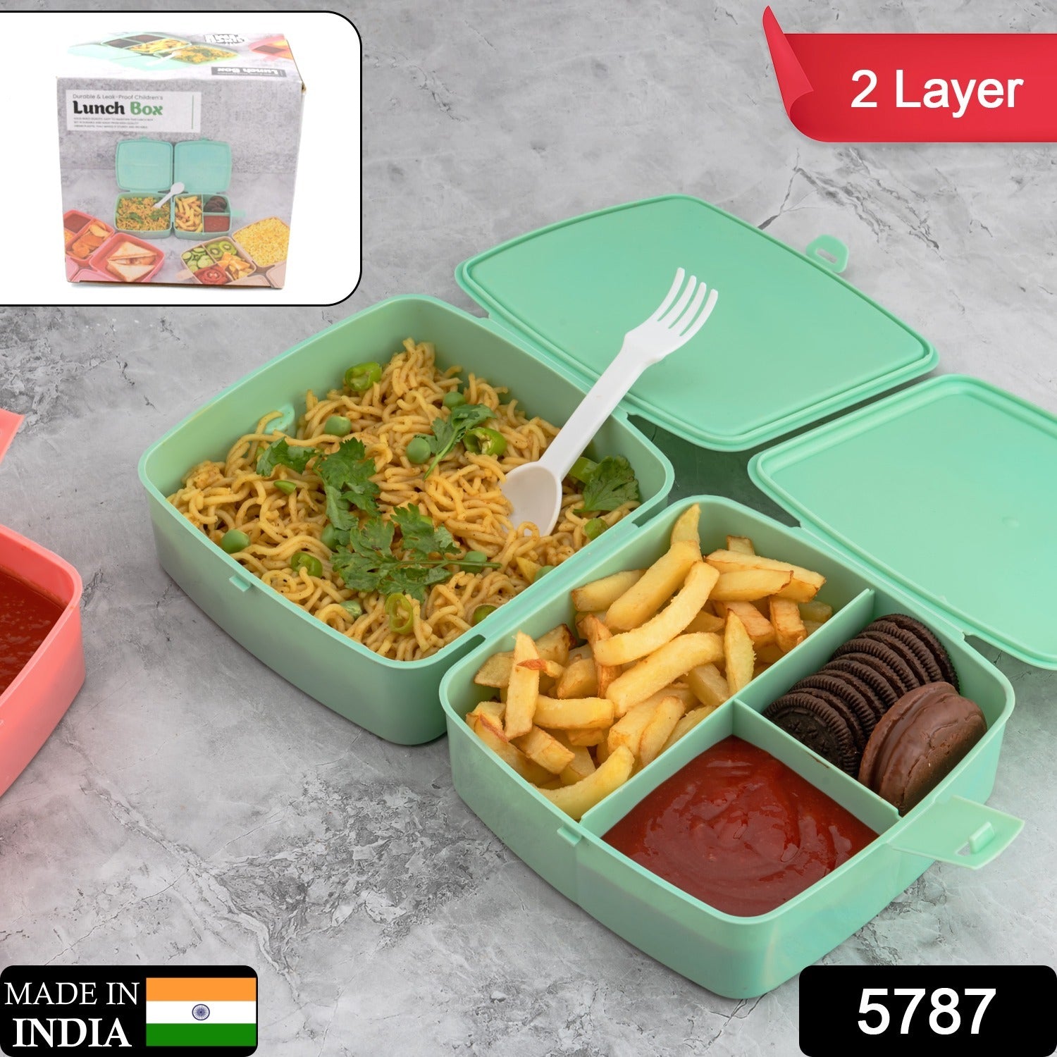 Double-Layer Square Lunch Box with Spoon , 4 Compartment Tiffin & Push Lock , Plastic Tiffin Box for Travelling, School Kids & Office Exclusive, Home - Image 2