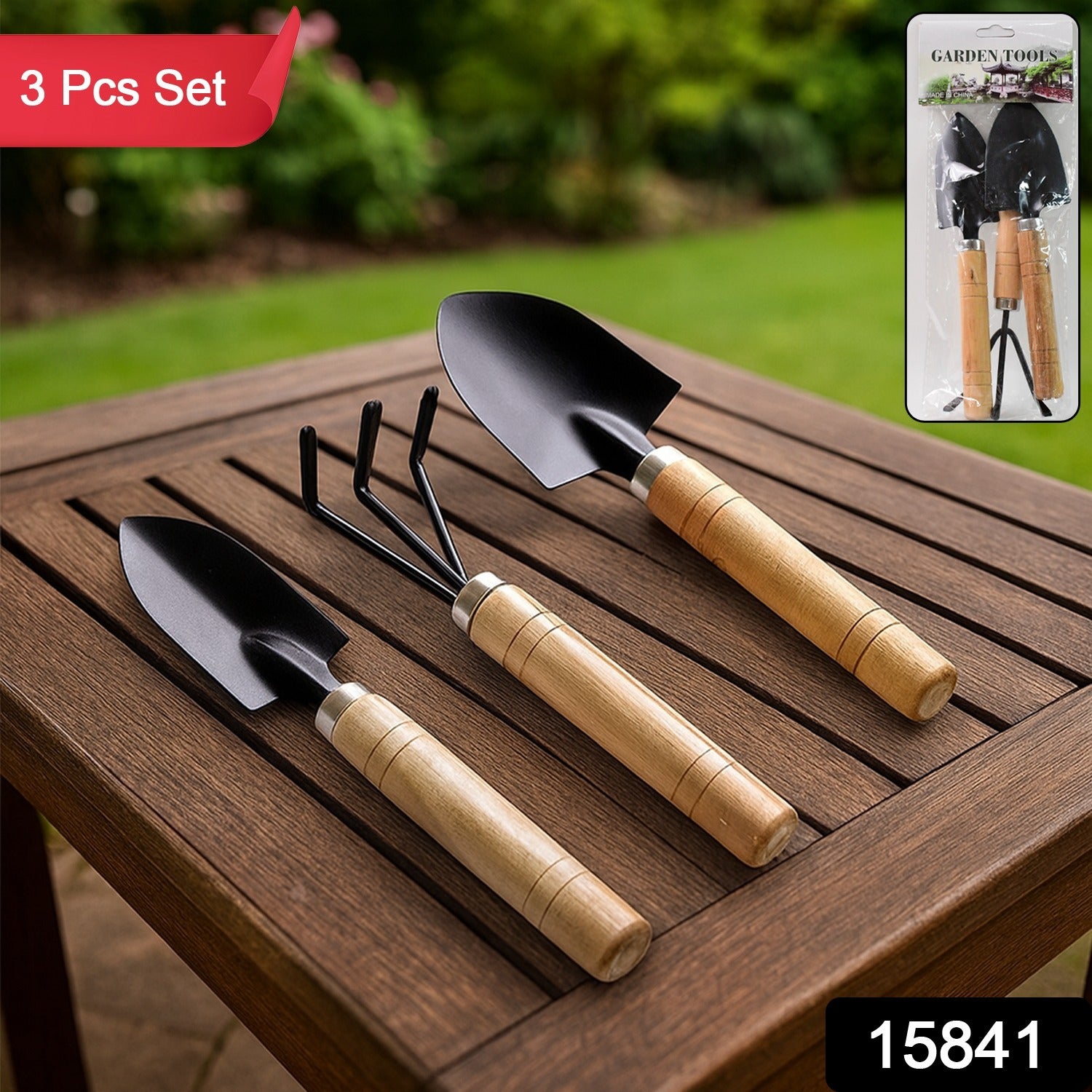 Garden Tool Kit Durable Hand Tools Set with Wooden Handle (3 Pc) - Image 2