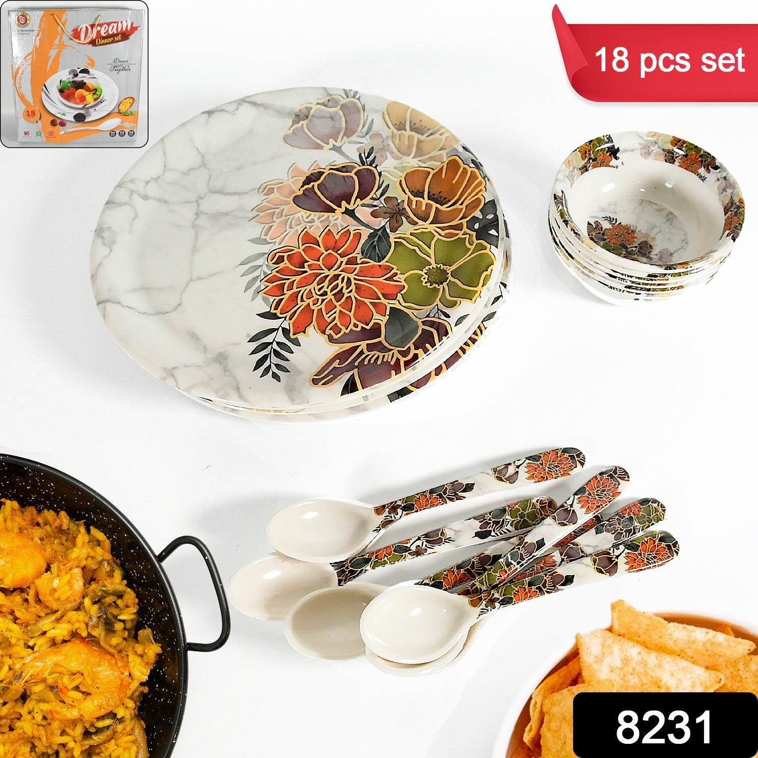 Dream 18-Piece Plastic Dinner Set – Unique Flower Design, 6 Plates, 6 Bowls & 6 Spoons, Microwave & Dishwasher Safe - Image 2