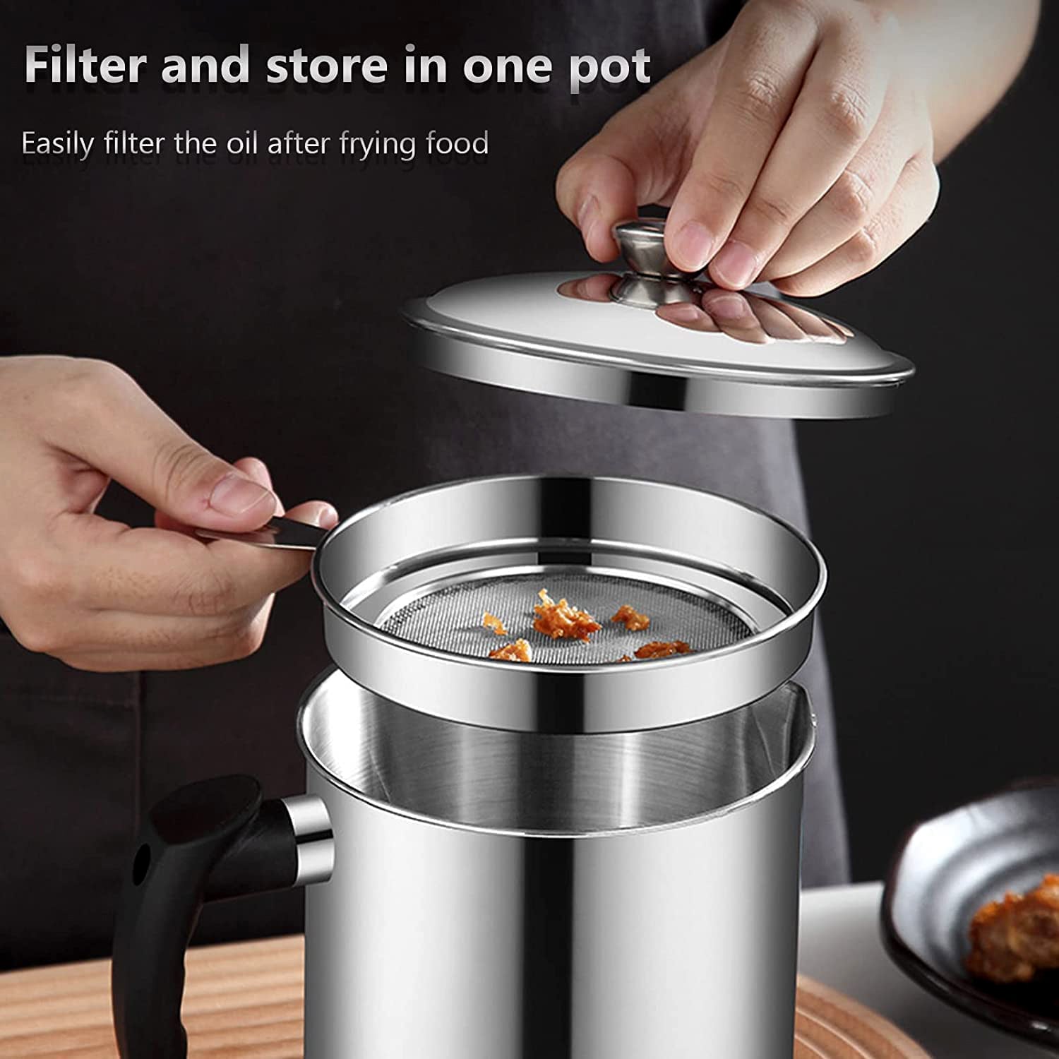 Stainless Steel Oil Strainer Pot with Lid and Filter Mesh (1 Set) - Image 10