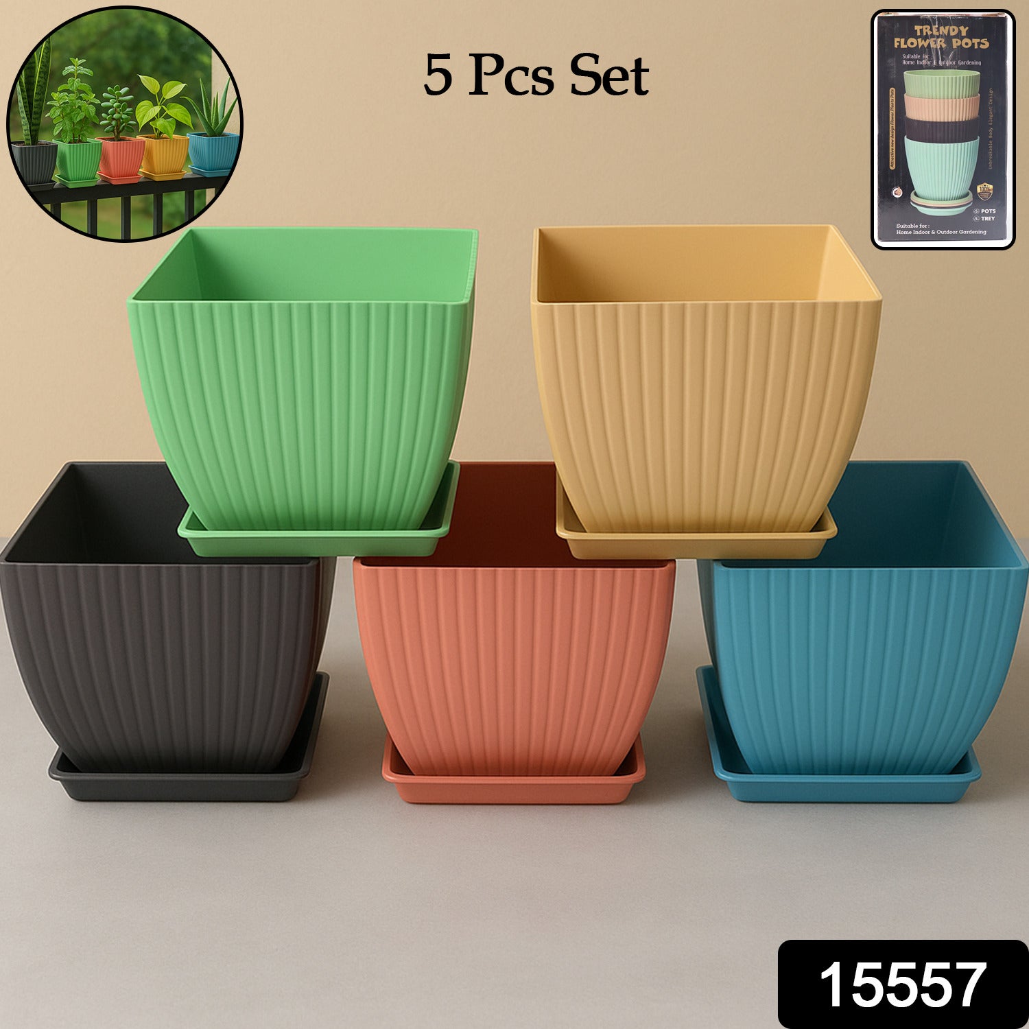 Trendy Square Plastic Flower Pots Set of 5 - Image 2