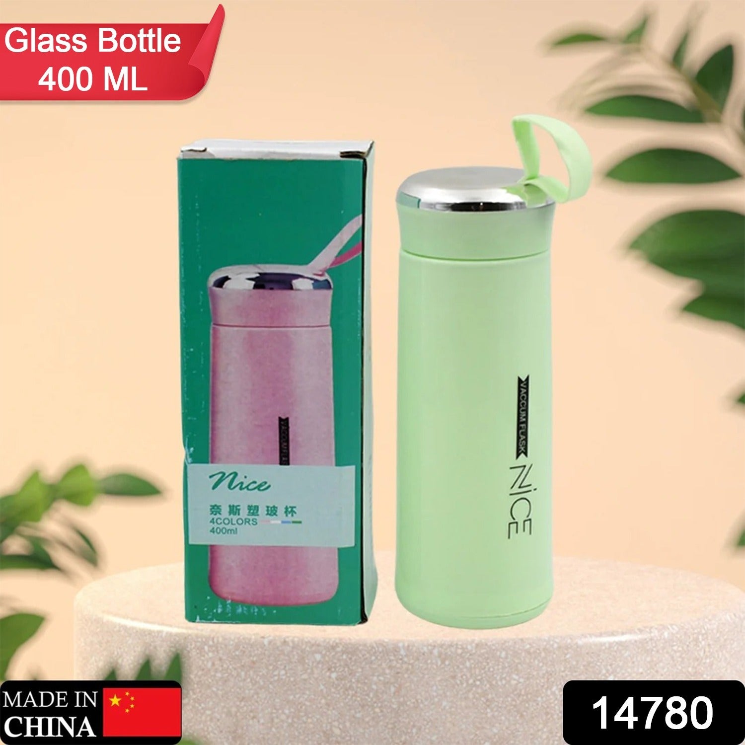 Water bottle 400ml leak proof, glass water bottle with daily water intake for gym and children, Nice Bottle (1 pc / Light Green Color) - Image 2