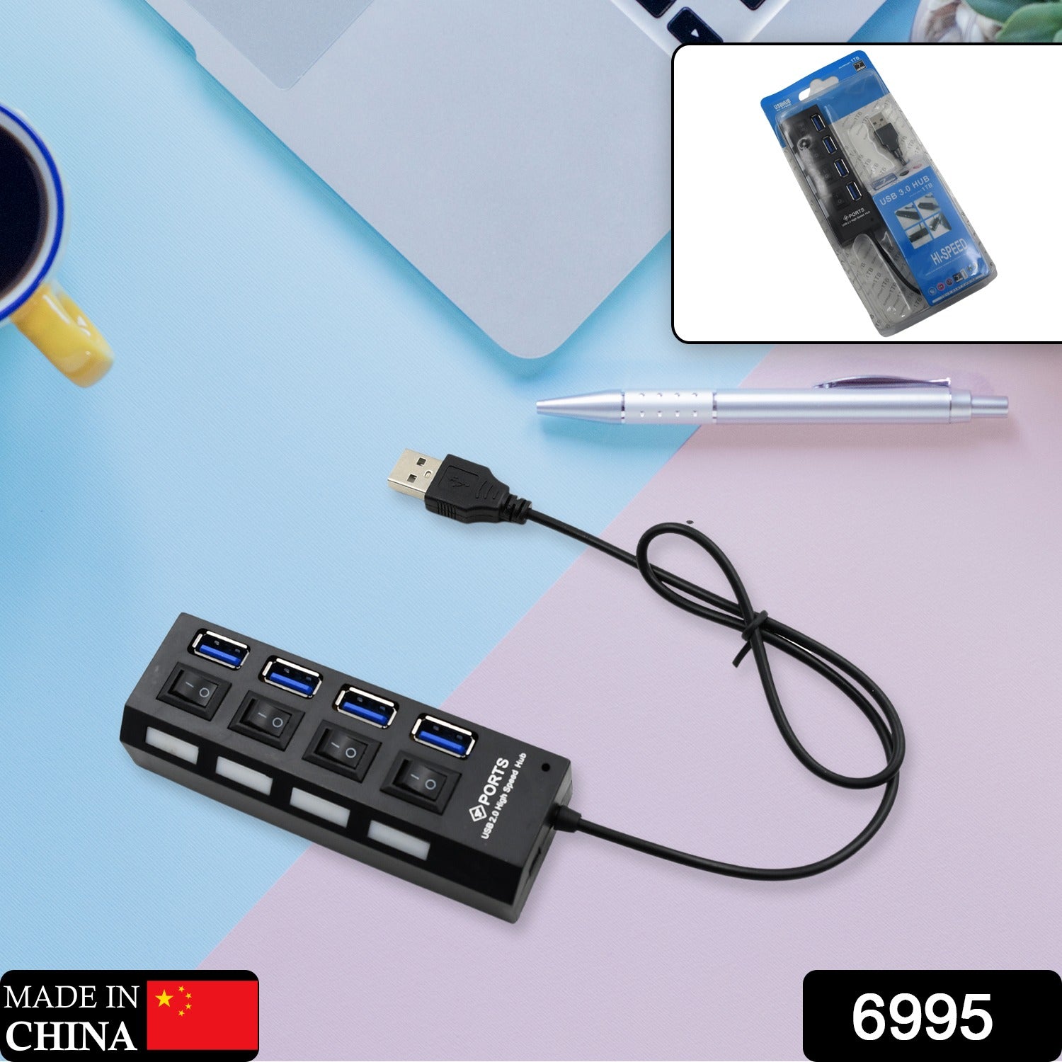 4 Port USB, HUB USB 2.0 HUB Splitter High Speed with On/Off Switch Multi LED Adapter Compatible with Tablet Laptop Computer Notebook - Image 2