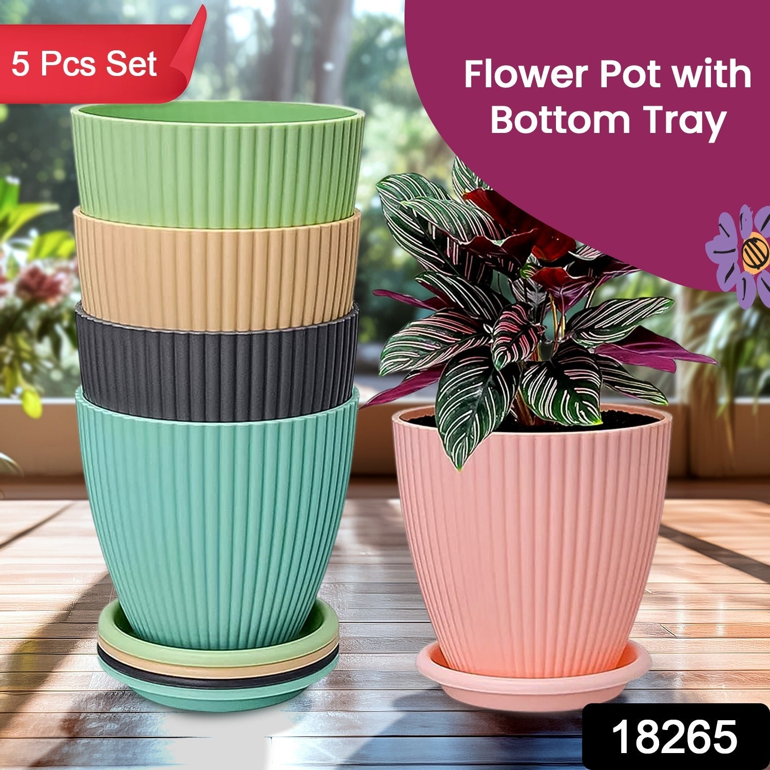 Plastic Flower Pot with Bottom Tray (5 Pcs Set) - Image 2