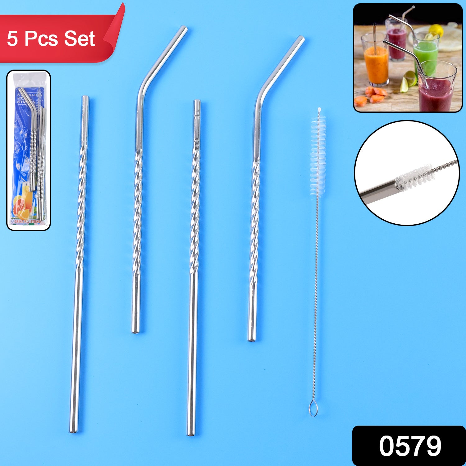 Set of 4 Stainless Steel Straws & Brush (2 Straight straws, 2 Bent straws, 1 Brush) - Image 2